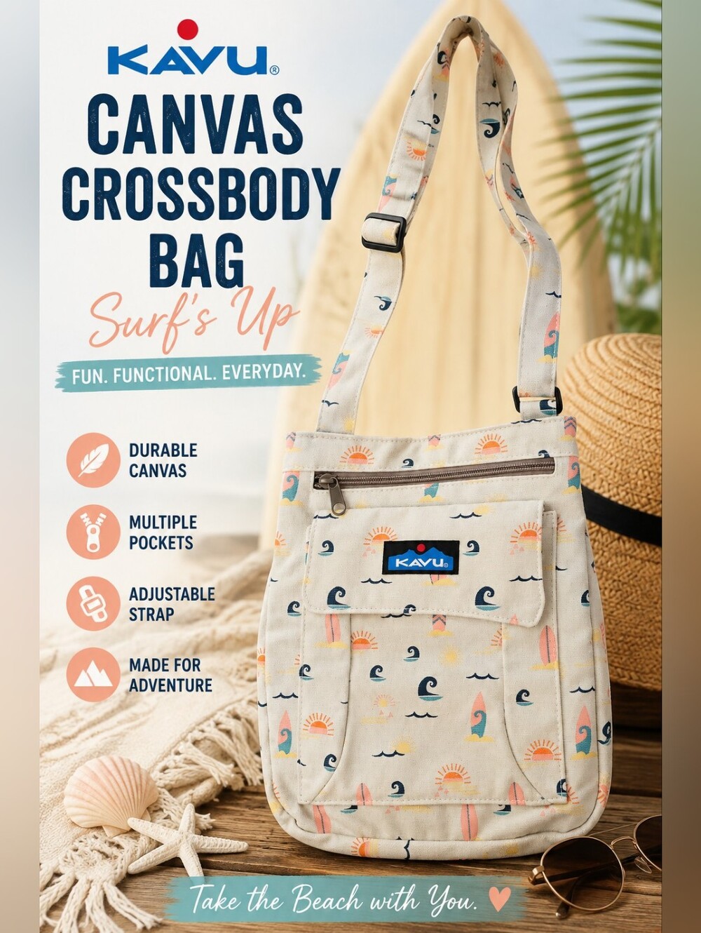 KAVU Canvas Crossbody Bag - Cream Surf/Sunset Print